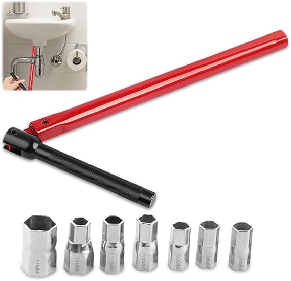 Tap Spanner, Tap Installation Tool with 7 Pcs 8-17mm Nut Kit, Box Spanner Sets for Taps, Adjustable Tap Spanner Set Faucet Bathroom Back Nut Kit for Home Bath Kitchen Sink