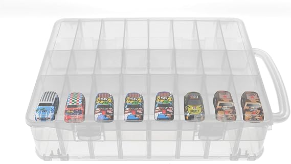 Double Sided Toy Car Organizer 1/64 Display Case Carrying Box Container Carrier with 48 Compartments Transparent Storage Box for Toy Car,Small Items, Craft Supplies