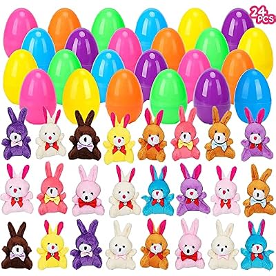 24 Pcs Filled Easter Eggs with Plush Bunny,Colorful Easter Eggs Prefilled with Plush Bunnies,Plush Animals Stuffed Toy for Kids Toddlers Easter Egg Hunt,Easter Basket Stuffers and Easter Party Favors