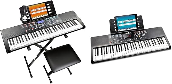 Rockjam 61-Key Keyboard Piano Kit with Keyboard Stand, Piano Bench, Headphones, Piano Note Stickers & Lessons, RJ660-SK, Black & 61-Key Compact Keyboard with Sheet Music Stand, Power Supply