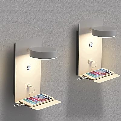 Set of 2 LED Wall Sconce with USB Charging Port, Wall Mounted Reading Lamp Dimmable 12W Bedside Wall Lamp with Shelf Adjustable Wall Light with On-Off Switch for Bedroom Living Room Hallway