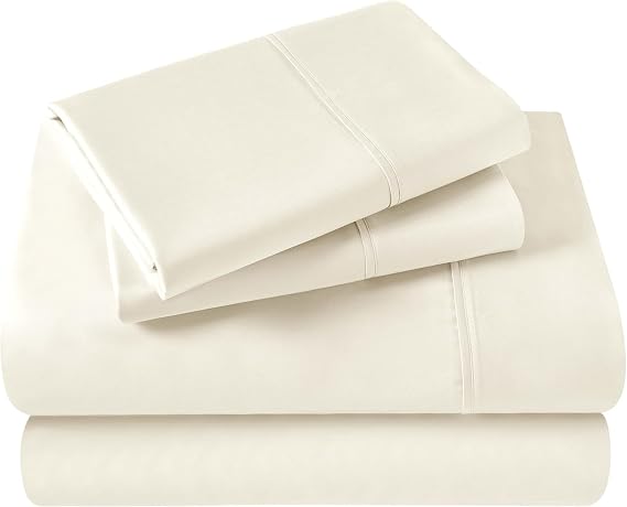 SUPERIOR Egyptian Cotton 400 Thread Count Bed Sheet Set, 1 Elastic Deep Pocket Fitted Sheet, 1 Flat Sheet, 1 Pillowcase, Soft Bedding, Luxury Sheets, Sateen Weave, Twin Size, Ivory