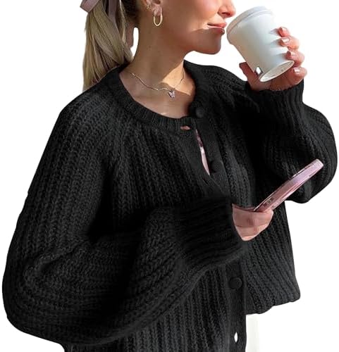Crochet Cardigan Sweaters for Women Tops Chunky Knitted Crew Neck Long Sleeve Button Down Jackets Open Front Coat