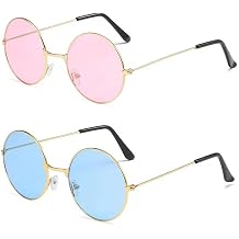 2Pack Hippy Specs Sunglasses, Metal Round Frame Classic Retro Sunglasses with Colored Flat Lens, 60's 70's Style Vintage Circle Glasses for Fancy Dress Hippie Costume Accessories Unisex Holiday Party