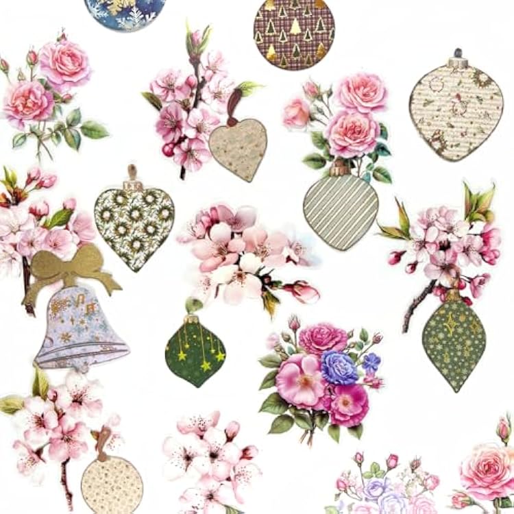 70pcs Rose Cherry Blossom Flower Merry Christmas Stickers Decals Bulk for Cards Gifts Card Marking Windows Envelopes Crafts Cups Resin Water Bottle Scrapbooking Journaling Planner