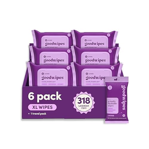 goodwipes Flushable Wipes for Adults - Lavender Butt Wipes for Women & Men, Septic Safe, Toilet & Bathroom Essentials, Extra Large, 318 Count 6 Packs and 1 Travel Pack