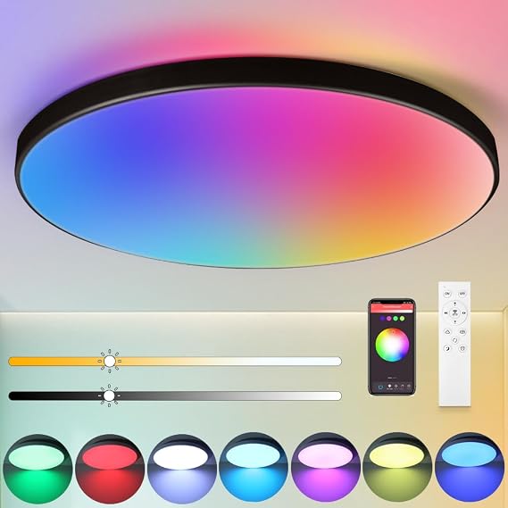 CANMEIJIA 24W Smart RGB Ceiling Light Round Dimmable Remote Control Black | This smart round ceiling light supports dual modes via bluetooth app and remote control to change 16 million colours. [Energy Class F]