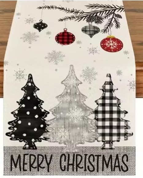 72 x 13 Inch Mode Grey Pine Trees Snowflake Merry Christmas Table Runner, Winter Xmas Holiday Kitchen Dining Table Decoration for Home Party Decor