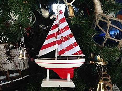 Hampton Nautical Wooden Red Striped Sailboat Model Christmas Tree Ornament
