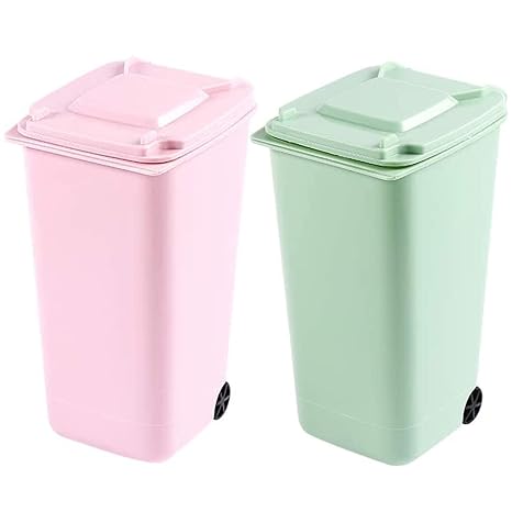 2PCS Plastic Mini Wastebasket, Desktop Trash Small Can | Desktop Bin With Swing Lid Wheels, Dustbin Multifunctional Pen Holder Suitable for Office Dressing Table Bedroom Items