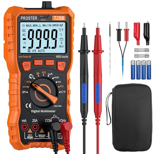 Proster Digital Multimeter - TRMS Voltmeter Multimetro Auto Range Multi Testers, 20A DC AC Current Meter NCV Detector Magnetic Hanging Hands-Free Design with Temperature Probe Backlit LCD Flashlight
