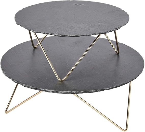 Artesà Tiered Serving Platter, 2 Round Slate Serving Stands with Raised Metal Legs, For Afternoon Tea, Cheese, Cakes, Sandwiches and More, 30.5 x 30.5 x 24cm, Grey