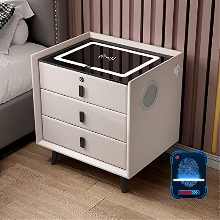 Nightstand With Fingerprint Lock Drawer, Smart with Wireless charging2 USB port and LED Lights, Bluetooth Speaker Side Table Storage Drawers for Bedroom Living Room,White,3