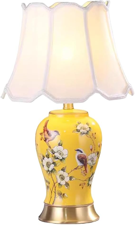 Hand-Painted Oriental Ceramic Table Lamp - Yellow Glazed Chinoiserie Style Bedroom Bedside Lamp, Large Chinese Antique Desk Light with Bell Shape Shade for Bedroom Or Office