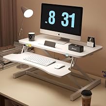 32 Inch Dual Monitor Stand Up Desk Riser, Height Adjustable Sit to Stand Workstation Converter with Wide Keyboard Tray for Home Office Ergonomic Desktop Workspace and Computer Setup, White