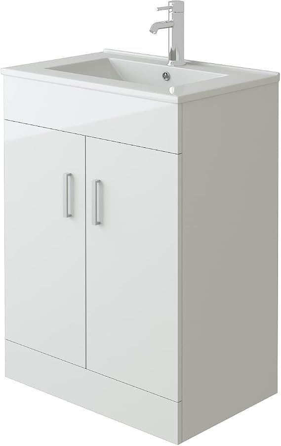 VeeBath Sphinx High Gloss White Free Standing Basin Vanity Cabinet Unit & Rectangular Sink - 600mm