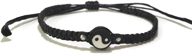 Yin Yang Bracelet, Black Adjustable Cord, Bohemian Style, Unisex Adult, Cotton Material, Good Luck Symbol Jewelry