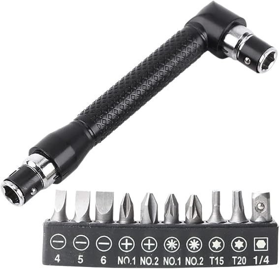 Double-Headed L-Shaped Socket 1/4 Inch Hex Socket Wrench 90 Degree Right Angle Screwdriver Adapter with 10Pcs Various Angled Screwdriver Bits Tool