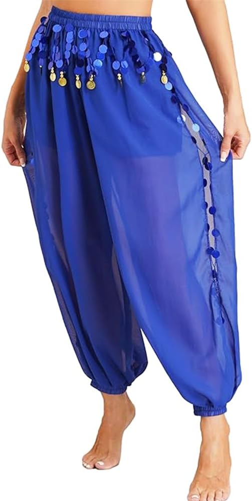Women's Belly Dance Pants Elastic Wasited Coin Lantern Pants Side Split Sequin Shiny Harem Arabian India Performance Trousers