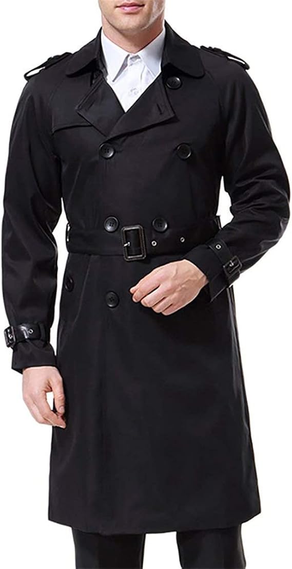Men's Double Breasted Trench Coat Stylish Slim Fit Mid Long Belted Windbreaker