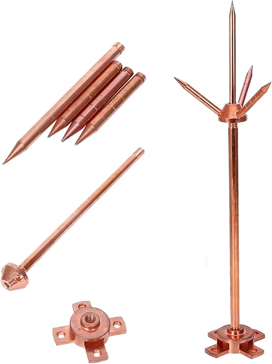 Lightning Rod, Pure Copper Lightning Rod Lightning Three-Pole Spike Brass Removable Lightning Protection Equipment Lightning Protection System Kit for House Roof Bungalow Tin House