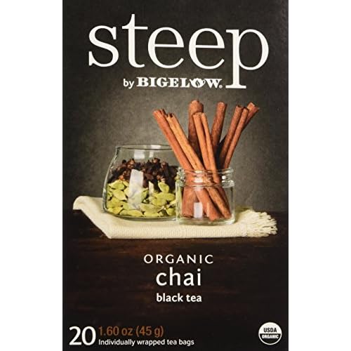 Steep by Bigelow Organic Chai 20 Count Organic Caffeinated Individual Black Tea Bags, for Hot Tea or Iced Tea, Drink Plain or Sweetened with Honey or Sugar