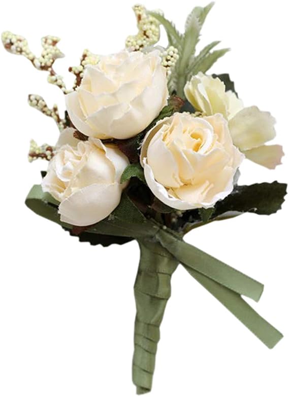 MOJUN Rose Boutonniere Buttonholes Corsage Artificial Groom Rose Wedding Flowers Brooch Prom Party Suit Decoration, Pack of 1, Beige