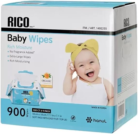Costco Rico Baby Wipes, 900 Count, Unscented, Wet Type, Individually Packed with Easy Open Lid, COSTCO + lollol Microfiber Cloth Trademark