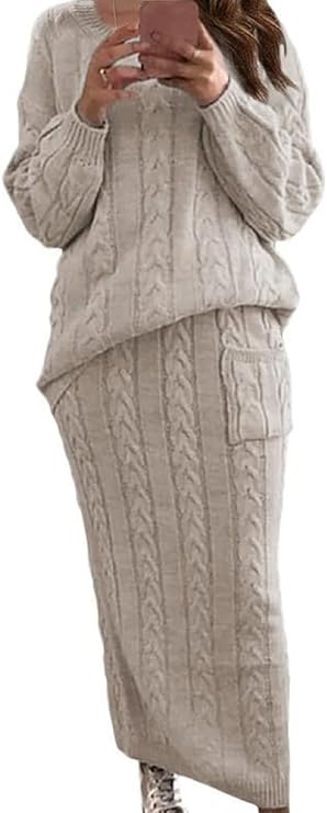 chouyatou Women Winter Casual Chunky Cable Knit Long Pencil Skirt 2 Piece Outfit Oversized Pullover Sweater Sets