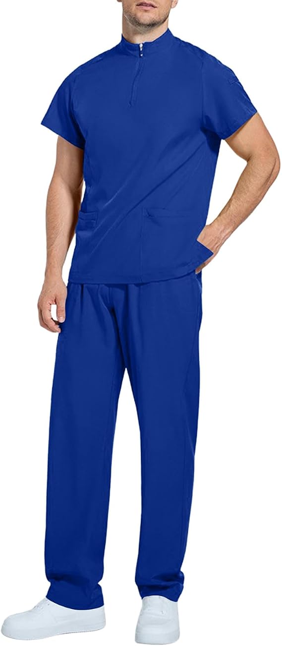 Scrubs for Men Set V-Neck Scrub Top and Drawstring Cargo Pants, 5 Pockets Men Nursing Scrubs Set Medical Uniform