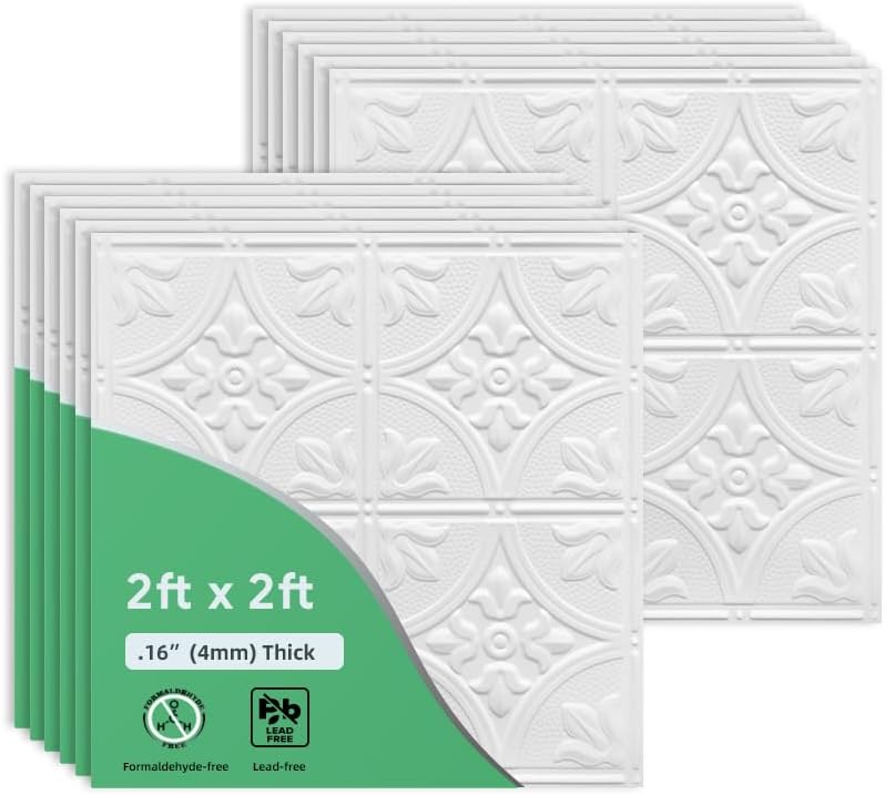 White Antique Drop Ceiling Tiles 2ft x 2ft, Ceiling Tiles 24 x 24in,Waterproof, Washable and Fire-Rated - Reusable -High-Grade PVC to Prevent Breakage-Package of 12 Tiles
