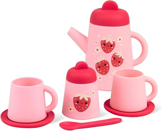 Tiger Tribe Silicone Tea Set for Kids - Strawberry Patch - 9-Piece Playset Includes Teapot and Saucers, Safe Play for Toddlers Age 1+ Pretend Play Toy