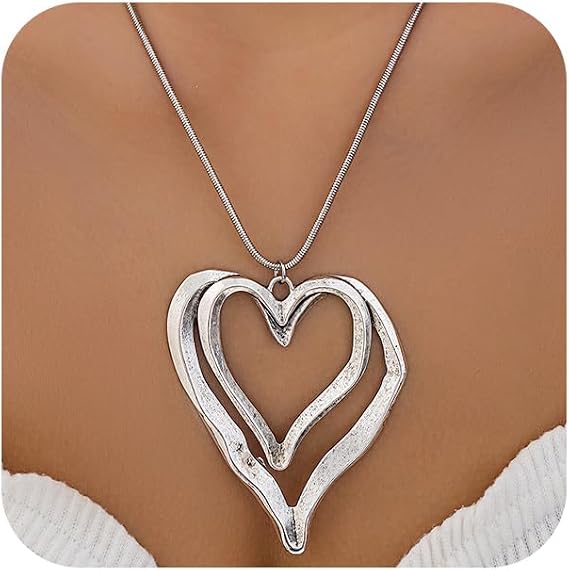 Chunky Gold Double Big Heart Necklace for Women Statement, Exquisite Thick Large Silver Love Heart Pendant Chain Choker Necklaces Y2K Party Jewelry Gift