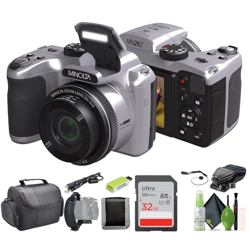 Minolta MN26Z 20 Mega Pixels 26x Optical Zoom Digital Camera with 1080p FHD Video Bundle with 32 GB Memory Card  Vlogging Tripod  Cleaning kit  More Accessories - Silver