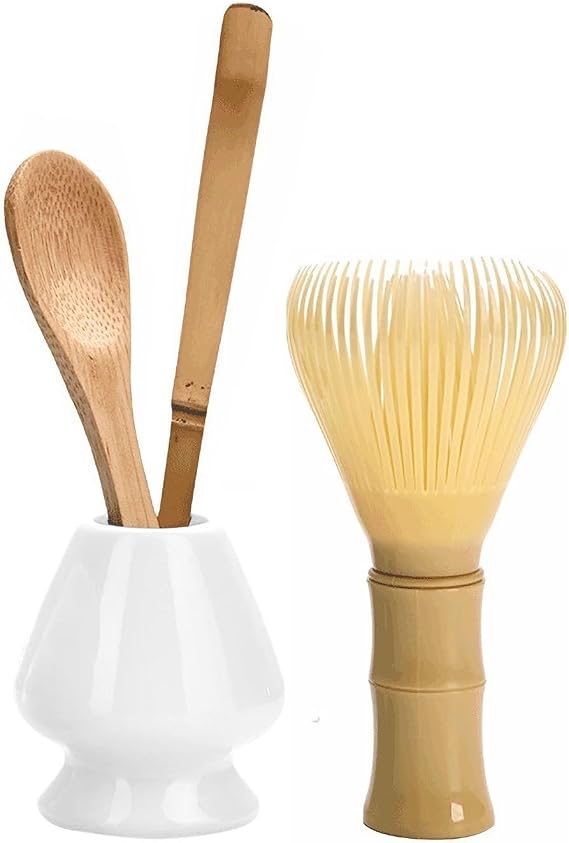 Matcha Whisk Set, Japanese Style (4pcs) - PP Resin Whisk, Bamboo Scoop & Spoon, Ceramic Holder - White