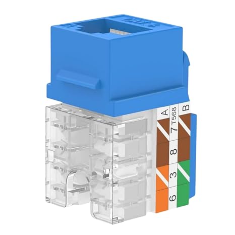 25 -Pack CAT6 Keystone Jack Modular Crimp Connector, UTP, 90 110 IDC with Caps, Blue (RAL), Toolless Termination