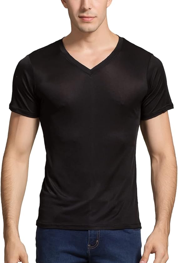 Grenasasilk Mens Silk T-Shirts Short Sleeve Mulberry-Silk Tee Tops Breathable & Moisture V-Neck Undershirt
