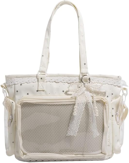 Women Cute Pearl Bow Crossbody Tote Bag, Cute Clear Pin Display Single-Shoulder Bag with Insert, Shoulder Purse fo
