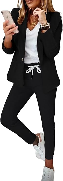CHICME Womens Suits 2 Piece Set Notched Collar Blazer and Drawstring Pants Suits Set Casual Business Outfits