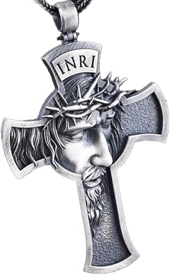 Cross Crucifix Pendant Necklace, Christian Catholic Baptism Antique Jesus Necklace, Bible Prayer Pendant Necklace Mens and Womens Gifts, INRI,stainless steel, 22 inches long