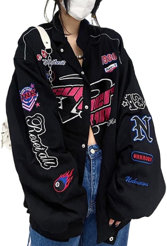 POHADON Women Button Down Varsity Jacket Harajuku Vintage College Baseball Bomber Jacket Coat Korean Clothes Y2K Streetwear