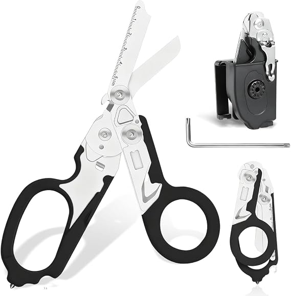 Rescue Scissors 6-in-1 Multitool Emergency Service Scissors Foldable Raptor Scissors with Wrench and Sheath Clothes Scissors Trauma Scissors Rescue Service for Outdoor Camping (Black)