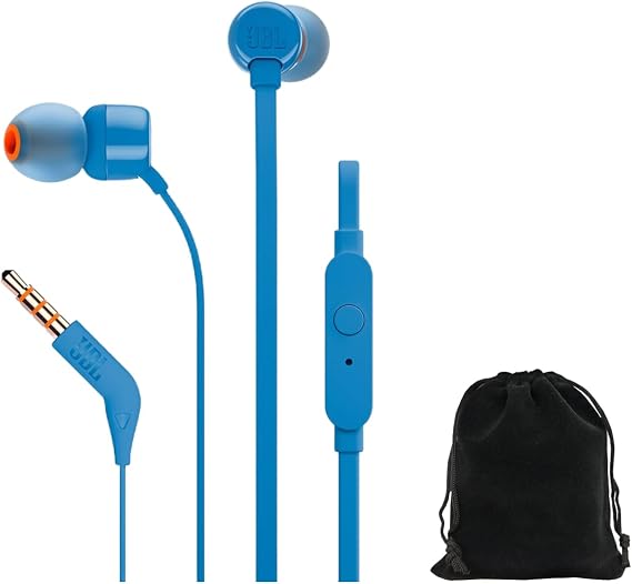 JBL Tune T160, in-Ear Headphones, Pure Bass Sound, 1-Button Remote with Microphone, Tangle-Free Flat Cable, Blue, Includes Carrying Pouch, JBLTUNET160-Pouch