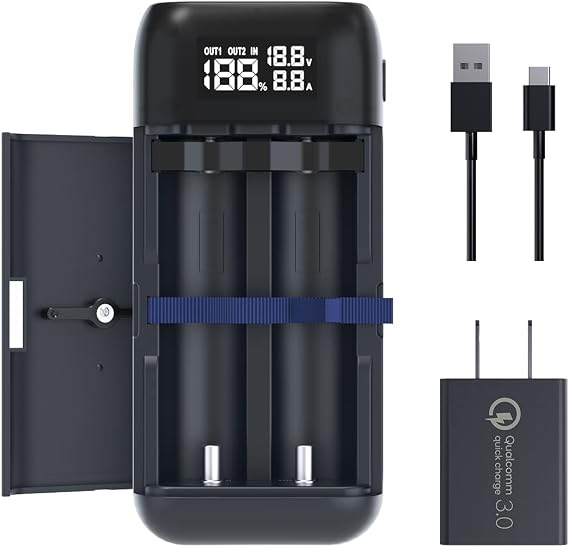 PC2 18650 Battery Charger with XTAR QC3.0 18W Wall Charger USB C Port 21700 Battery Charger with USB Output Function for 18650 20700 21700 Batteries-Not Included Batteries