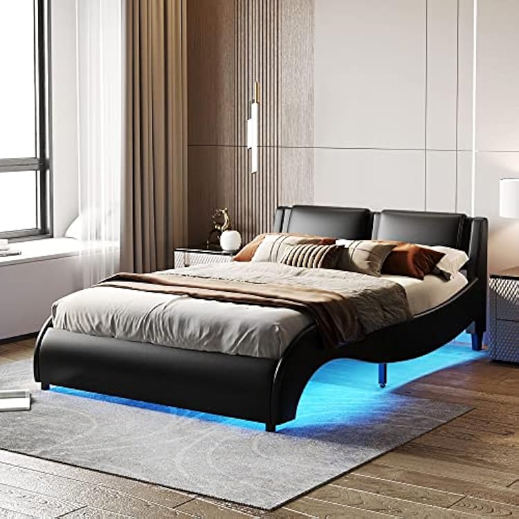 KLMM Modern Queen Size Upholstered Faux Leather Platform Bed, LED Lighted Headboard Bed Frame with Slats, Suitable for Bedroom, Apartment Black#W>