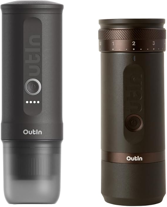 OutIn Nano Portable Electric Espresso Machine with Fino Portable Electric Coffee Grinder, Brown & Grey