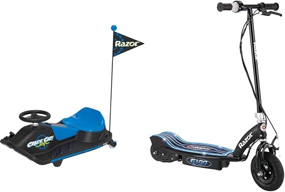 Razor Crazy Cart Shift for Kids Ages 6+ 8+ 12V Electric Drifting Go Kart for Kids - High/Low Speed Switch and Simplified Drifting System & E100 Electric Scooter for Kids Ages 8+