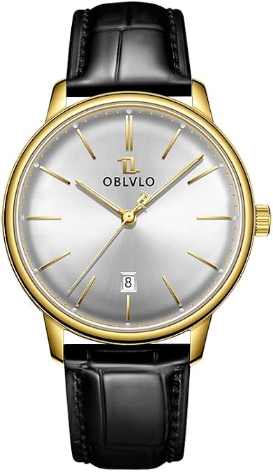 OBLVLO Luxury Dress Watch, Rose Gold Case, Brown Leather Band, Silver Dial with Date Display