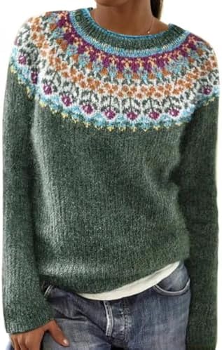 Womens Fair Isle Knit Pullover Sweater Casual Oversized Crewneck Vintage Cute Striped Long Sleeve Jumper Tops