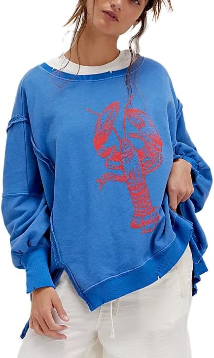 Amiblvowa Oversized Graphic Sweatshirt for Women Y2k Long Sleeve Drop Shoulder Crewneck Shirt Tops Vintage Sweater Jacket